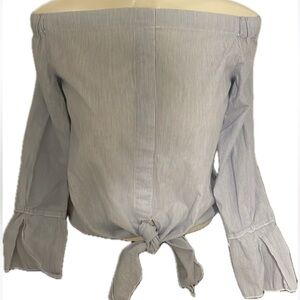 Mango Off the Shoulder pinstriped blouse wilt Waist Bow
